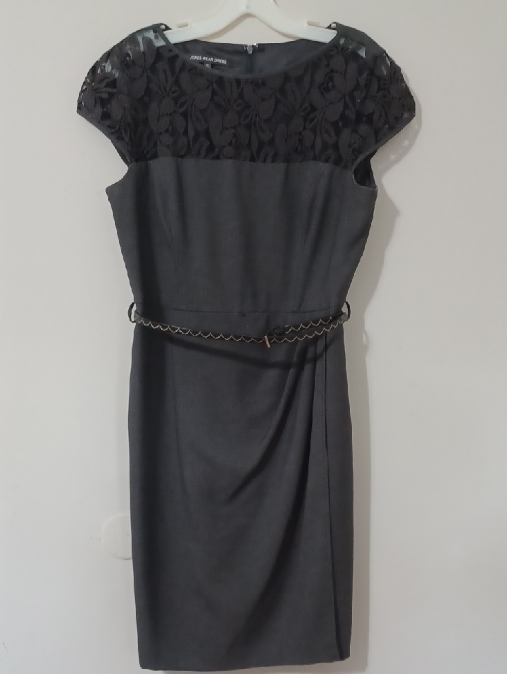 Jones Wear Dress Grey With Black Lace Yoke Midi Sheath Dress. NWT. Size 12